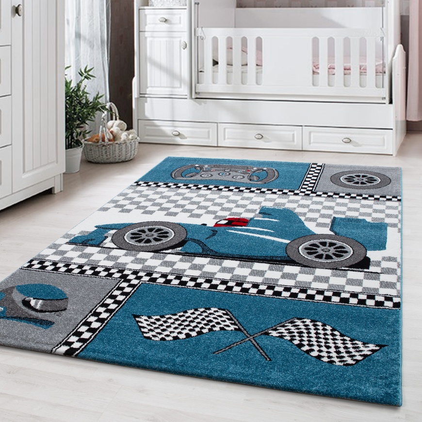 Kinderteppich Blau mit Rennsport-Motiv